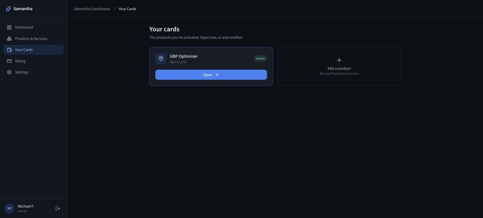 Your active cards in the Samantha Dashboard