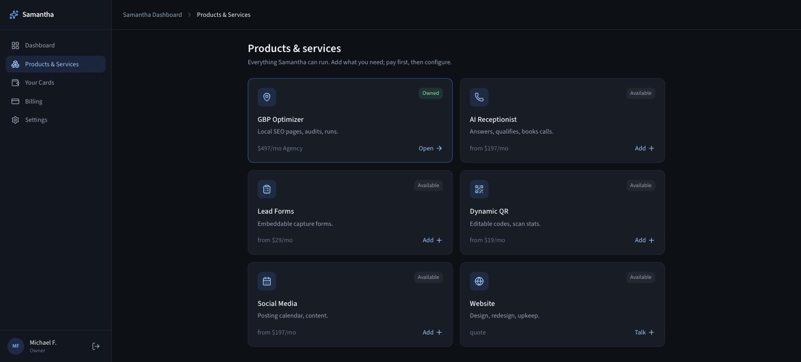 The Samantha Dashboard products and services catalog